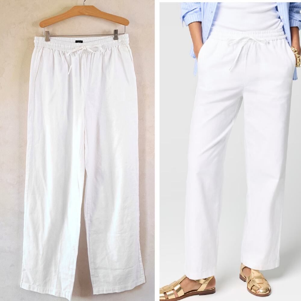 J CREW White Linen-blend Slim Wide Leg Pants Size 6 TALL Drawstring Casual